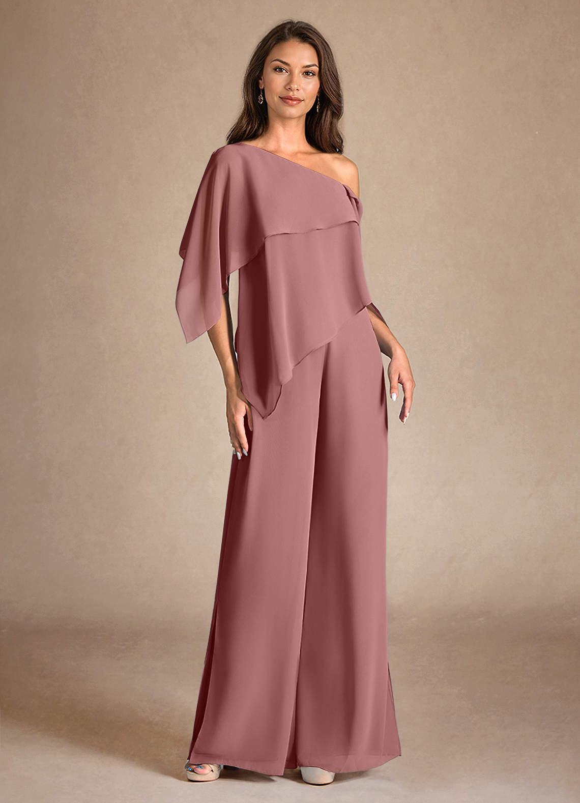 Azazie Halima vestidos de madre de la novia Vestido de Rosa Del Desierto de Gasa de Mono/Traje de pantalón con Corte Lateral image4
