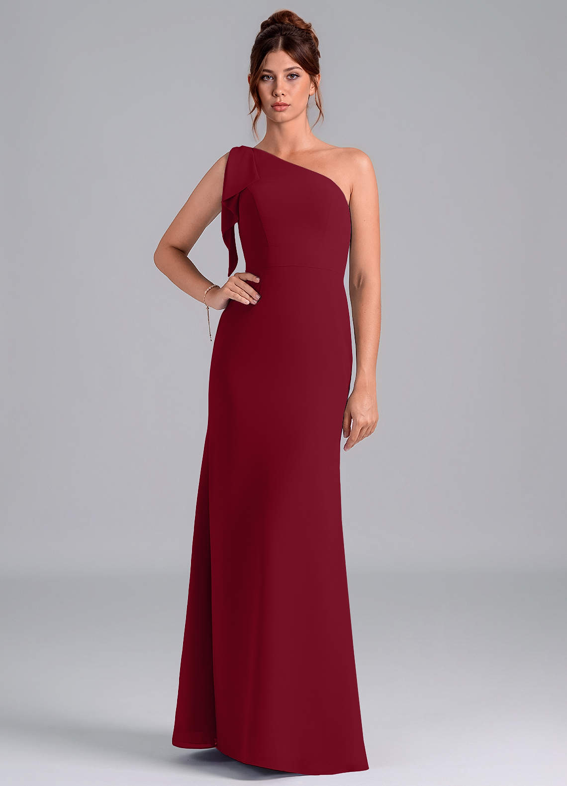 Azazie Rinna Bridesmaid Dresses Burgundy Mermaid One Shoulder Chiffon Dress image1