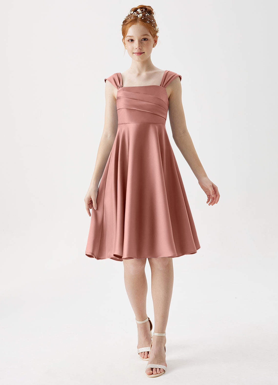 Azazie Amira Junior Rosette A-Line Pleated Stretch Satin Dress image1
