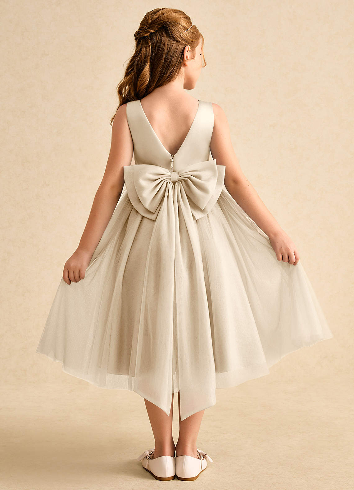 Azazie Winnie Flower Girl Dresses Champagne Ball-Gown Bow Tulle Dress image1