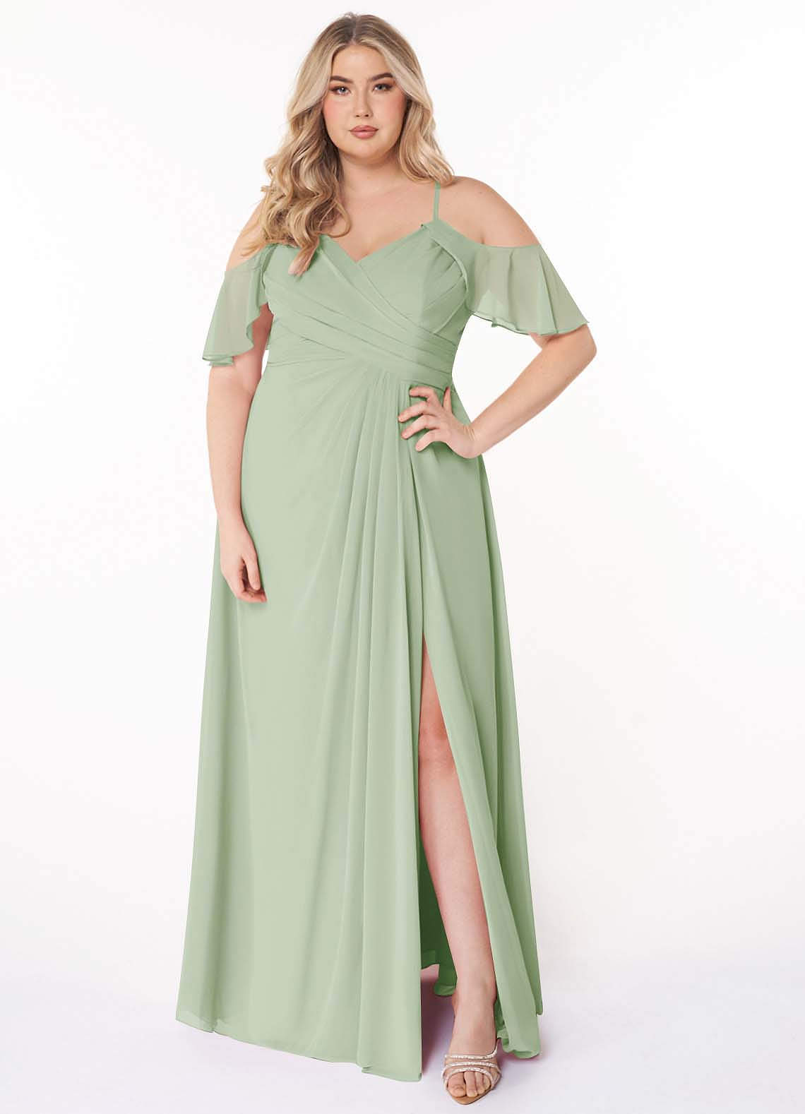 Azazie Dakota Vestidos de damas de honor Vestido de Salvia Polvorienta de Gasa de Corte en A con Cuello en V plisado image1