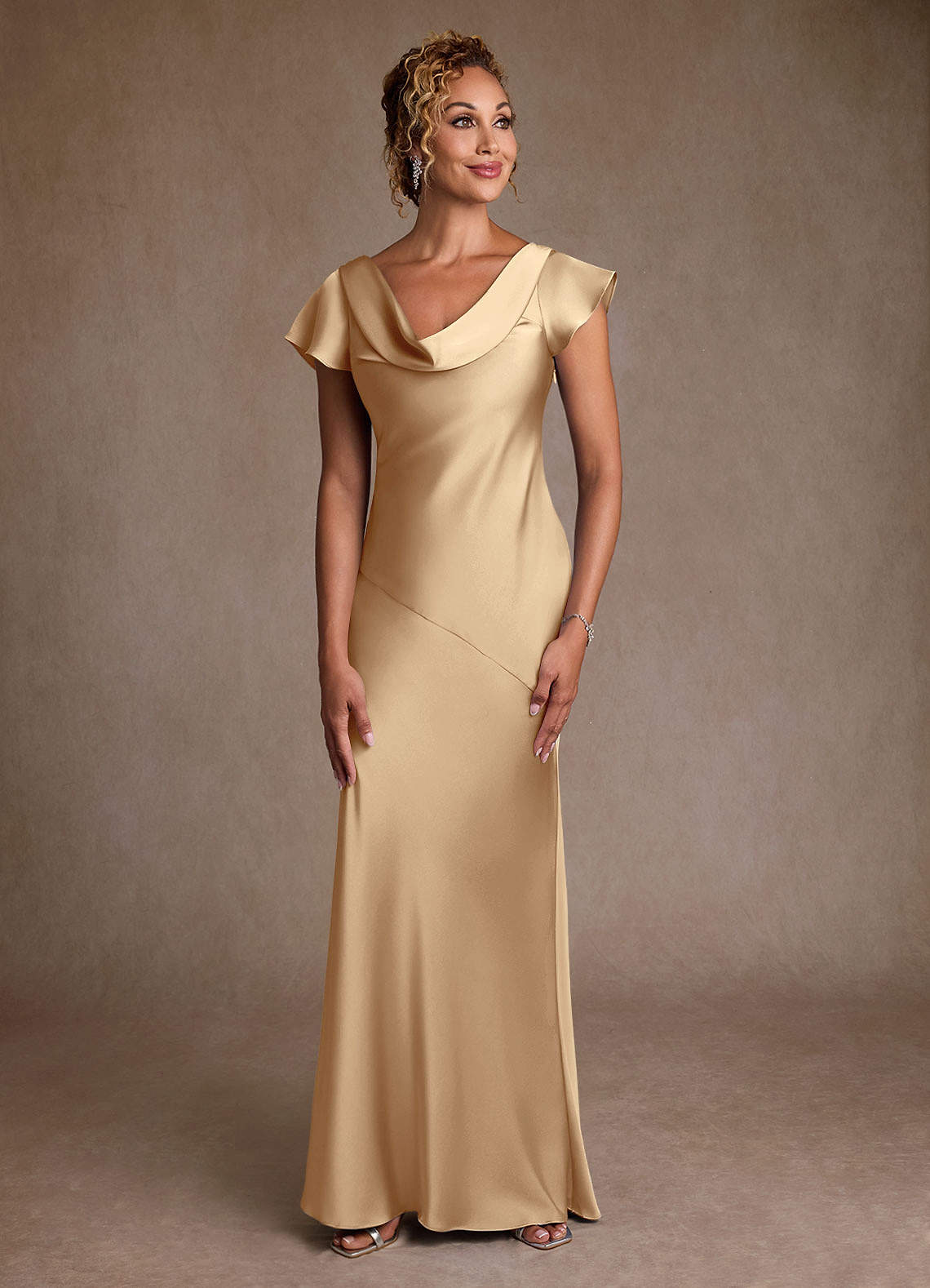 Azazie Shelby Mother of the Bride Dresses Champagne Mermaid Pleated Stretch Satin Dress image1