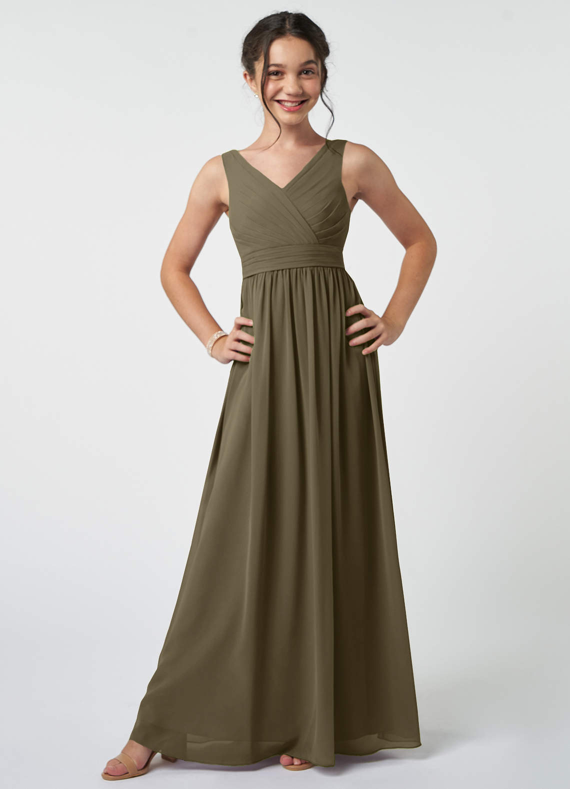 Azazie Kora Junior Willow Green A-Line Pleated Chiffon Dress image1