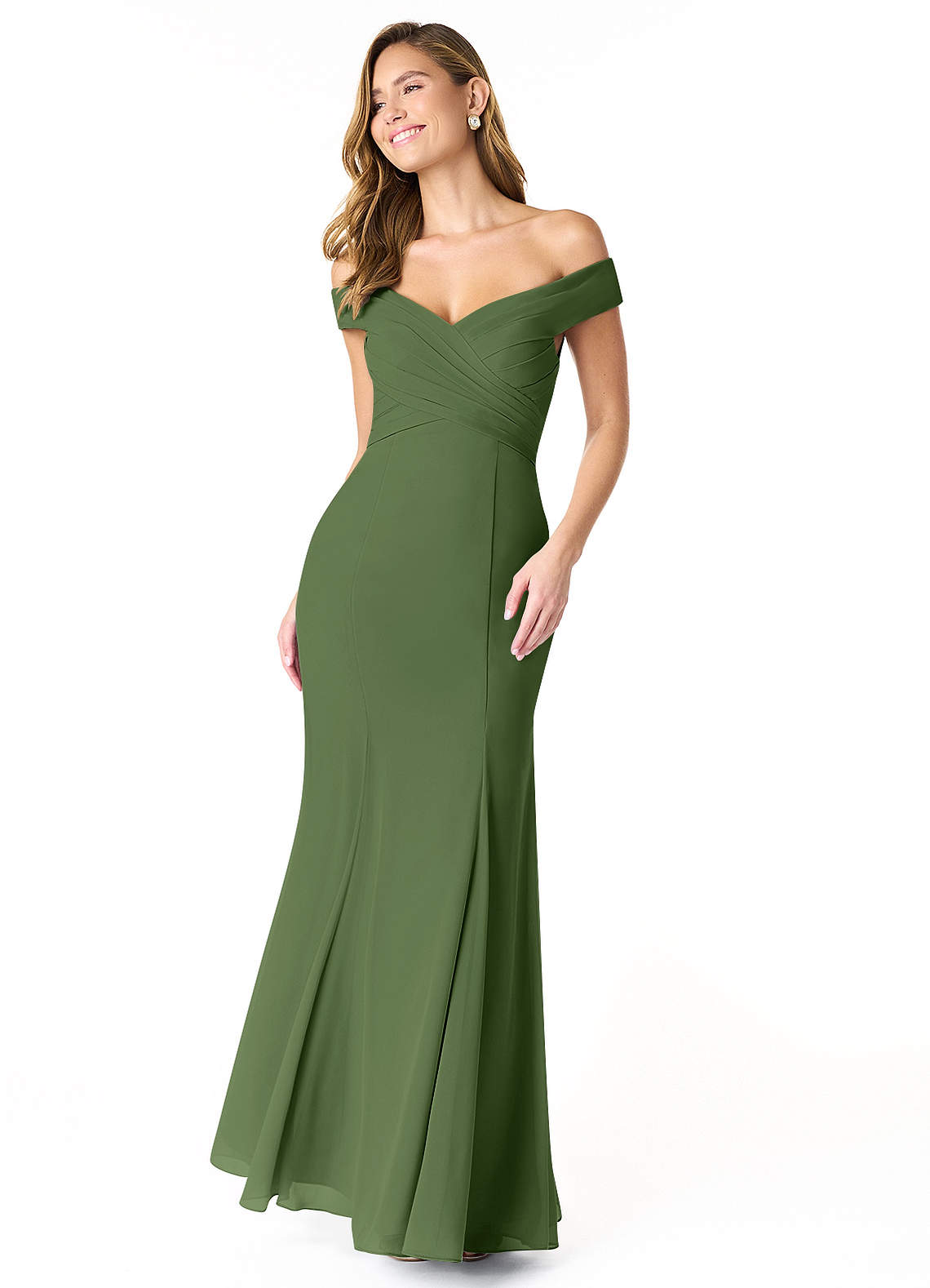 Azazie Lecia Vestidos de damas de honor Vestido de Oliva de Gasa de Imperio Convertible con Plisado fuera del hombro image1