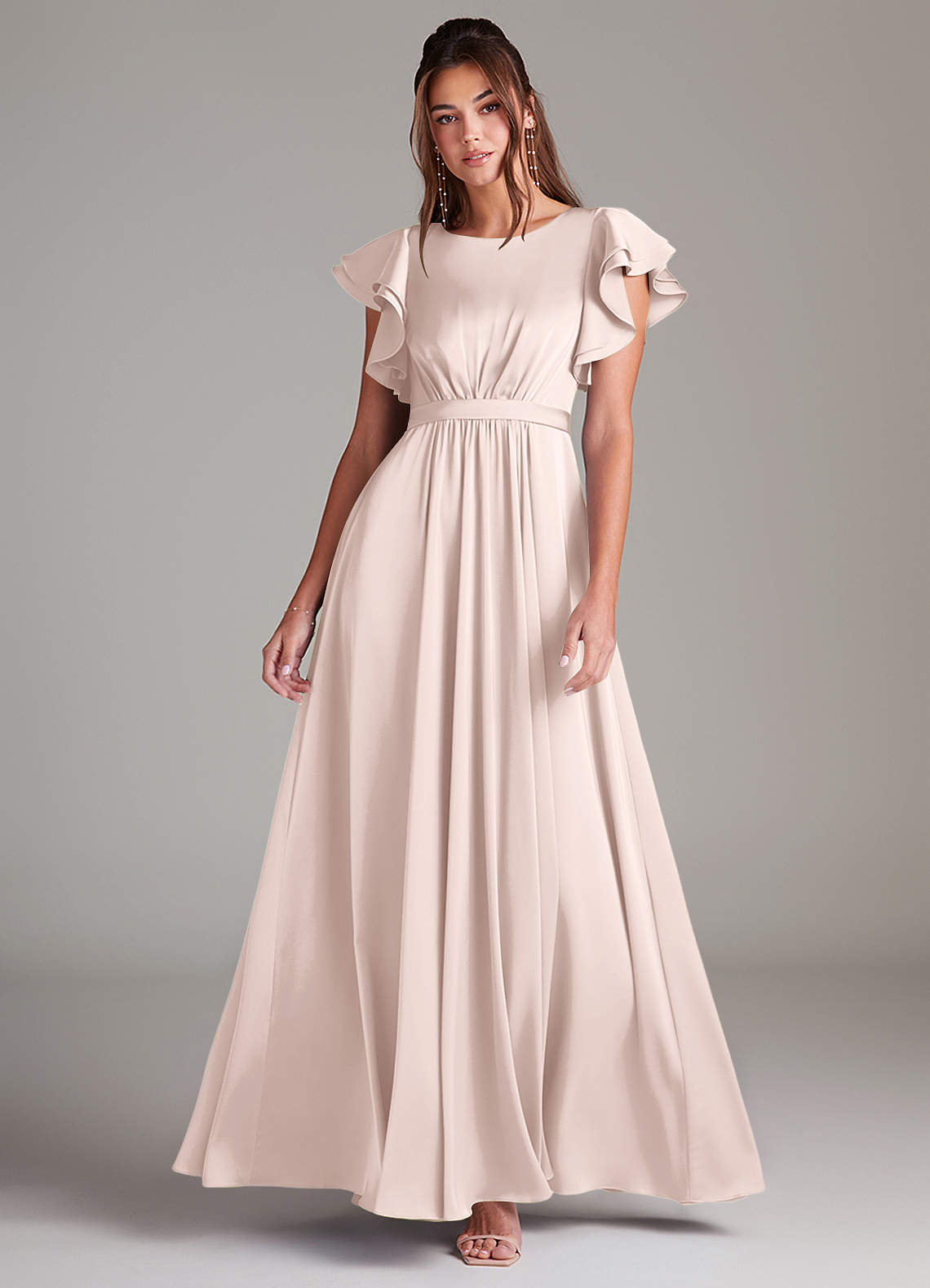 Azazie Daphne Modest Bridesmaid Dresses A-Line Ruched Stretch Satin Floor-Length Dress image1