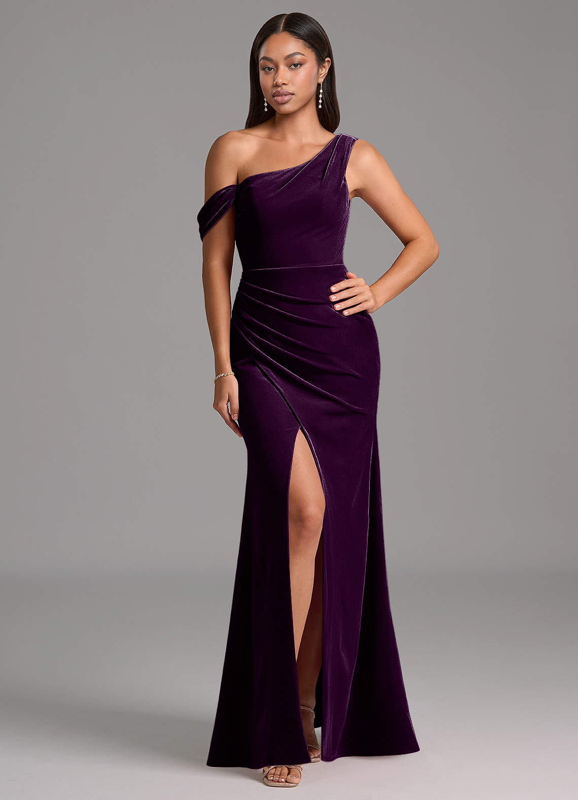 Azazie Madelyn Bridesmaid Dresses Grape Sheath One Shoulder Velvet Dress image1