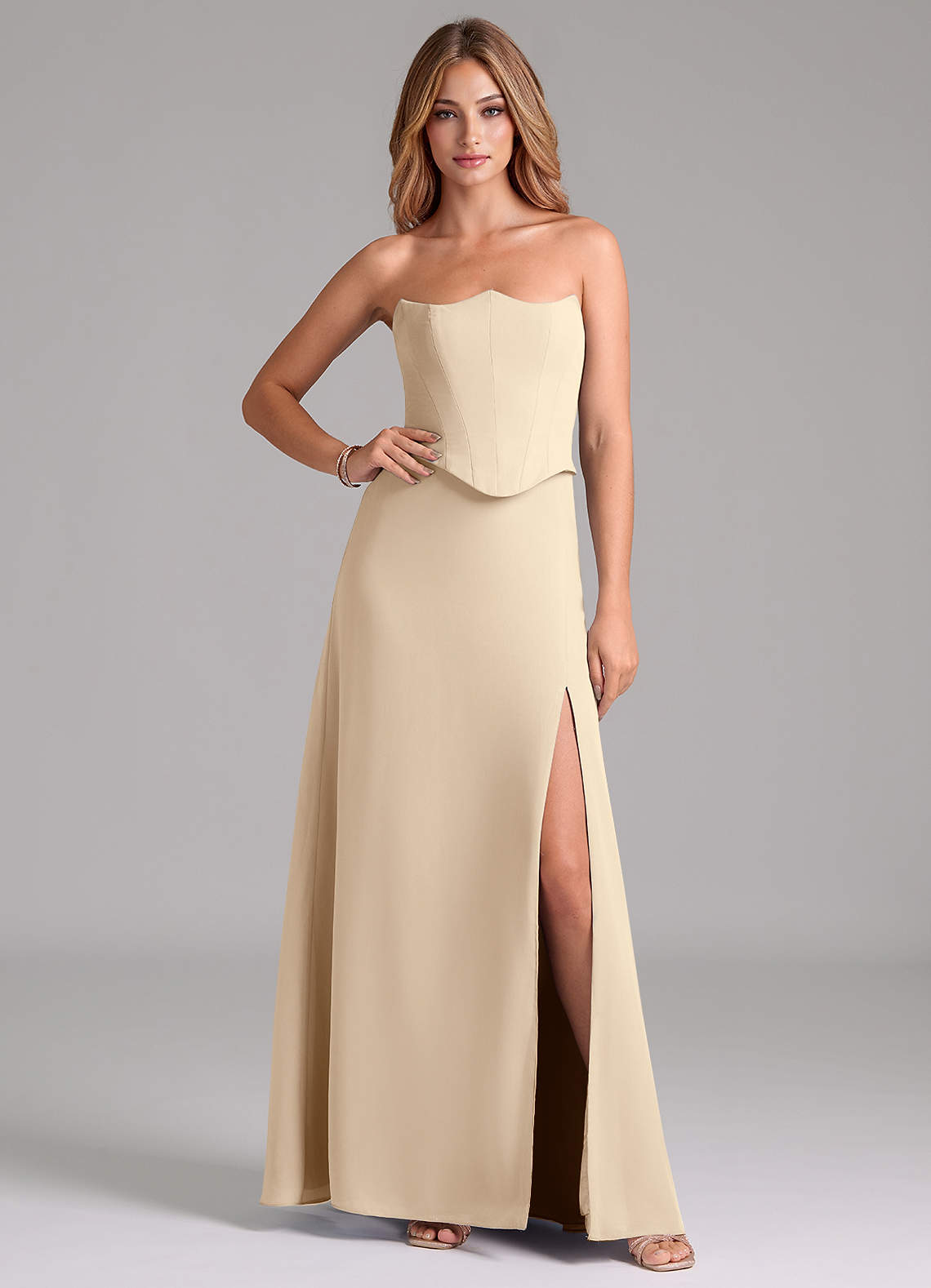 Azazie Jenilyn Bridesmaid Dresses Champagne A-Line Strapless Chiffon Dress image1