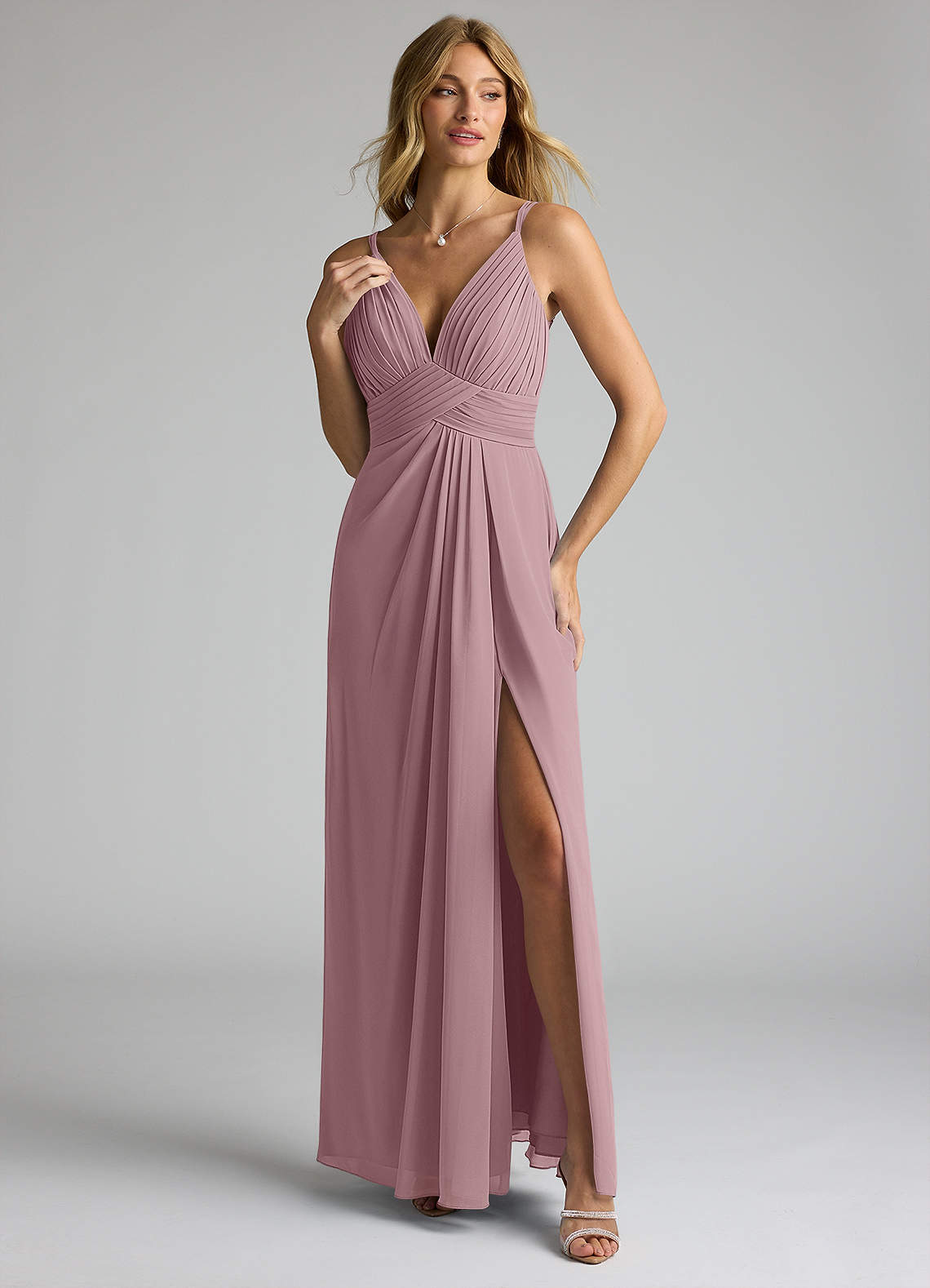 V-neck Dusty Rose Lace Chiffon A-line Bridesmaid Dresses
