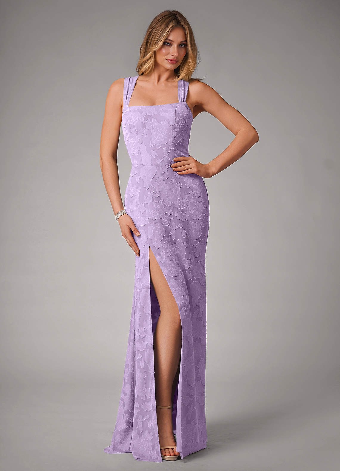 Azazie Luci Bridesmaid Dresses Lilac Mermaid Pleated Floral Burnout Convertible Dress image1