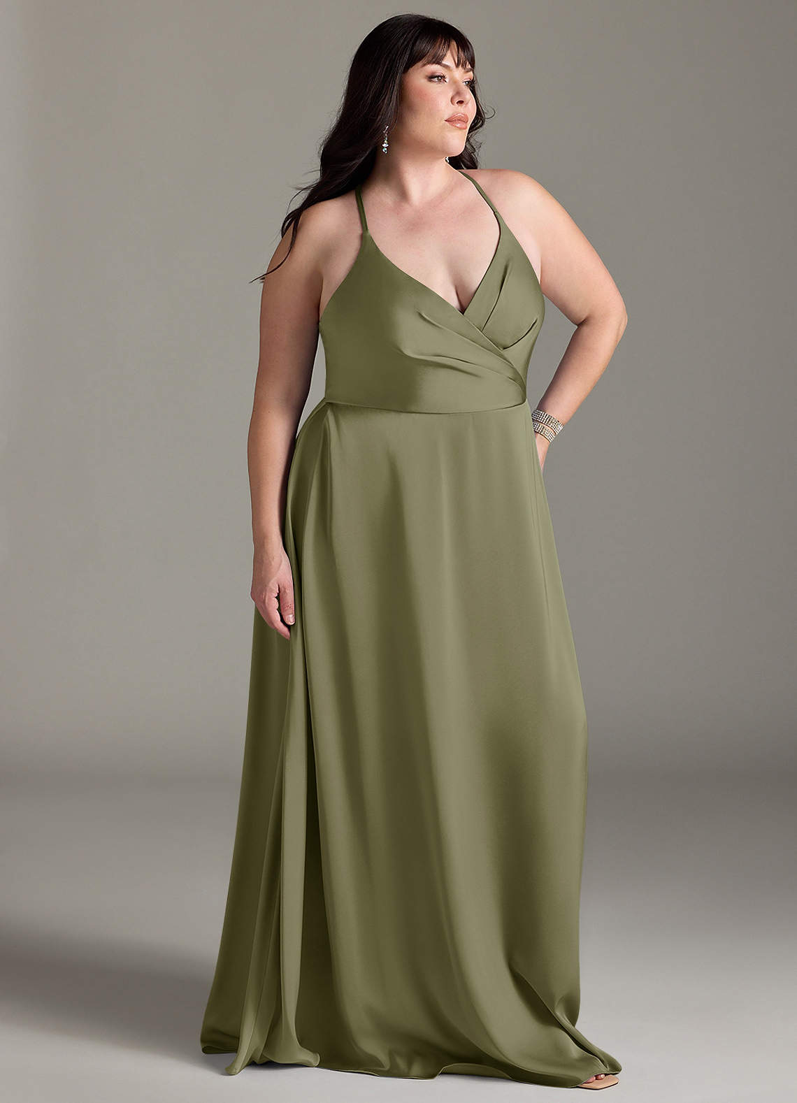 Azazie Davis Jurken voor bruidsmeisjes Jurk van Stretch Satijn met A-Lijn Geplooid Pistache image8