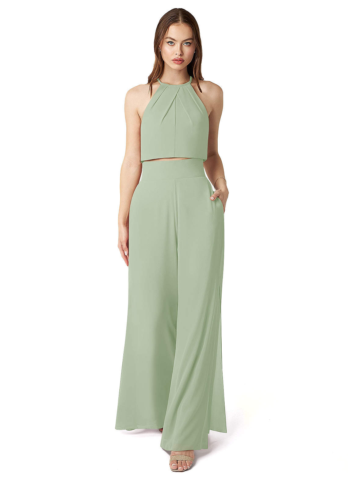 Azazie Kenzi Brautjungfernkleider Plissee Chiffon Overall/Jumpsuit Staubiger Salbeigrün image1