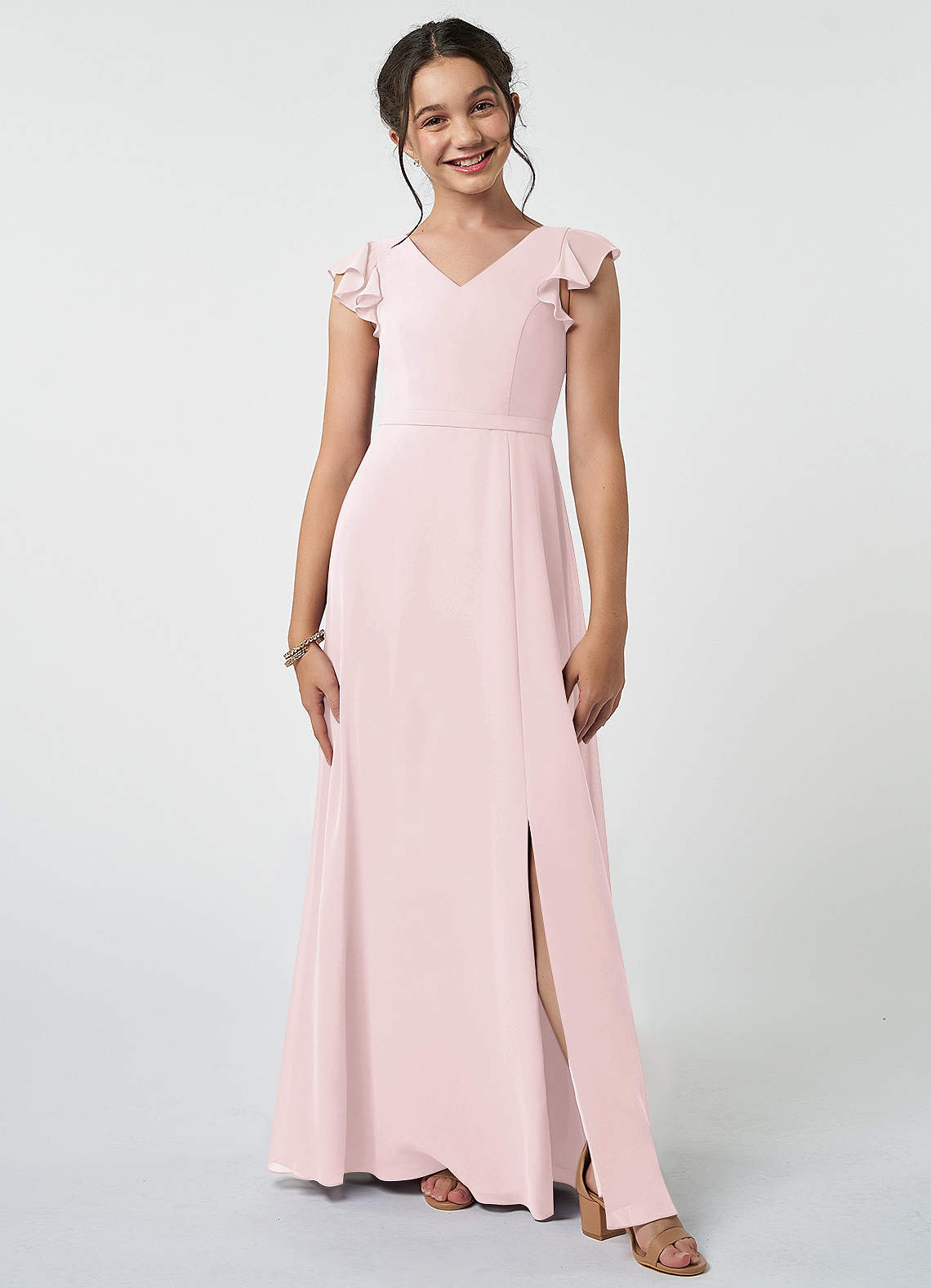 Azazie Claudine Junior Blushing Pink A-Line Pleated Chiffon Dress image1