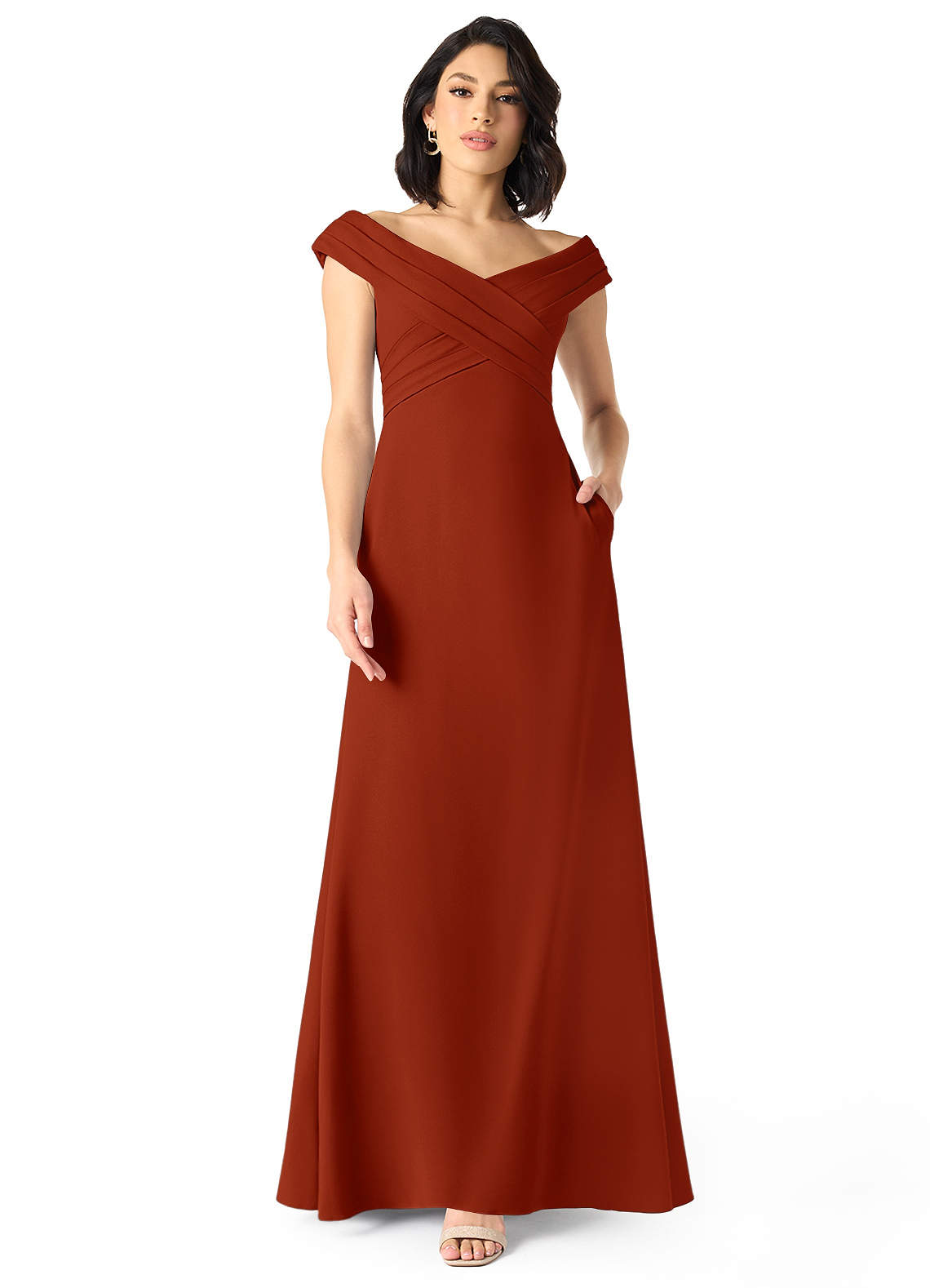 Azazie Evita Bridesmaid Dresses Rust A-Line Off the Shoulder Stretch Crepe Dress image1