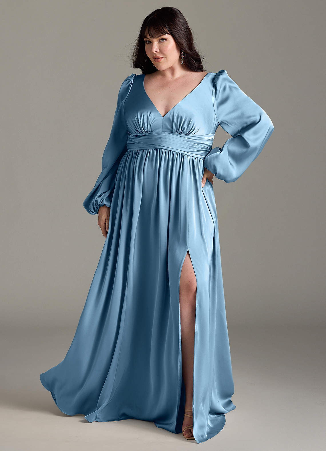 Azazie Norah Robes de demoiselle d'honneur Robe Trapèze en Satin extensible Acier Bleuté image1