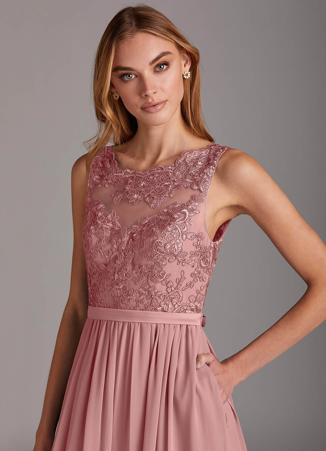 Azazie Elly Klänningar att prova hemma Klä av A-Linje i Chiffong Spets Scoop Neck Agave image5