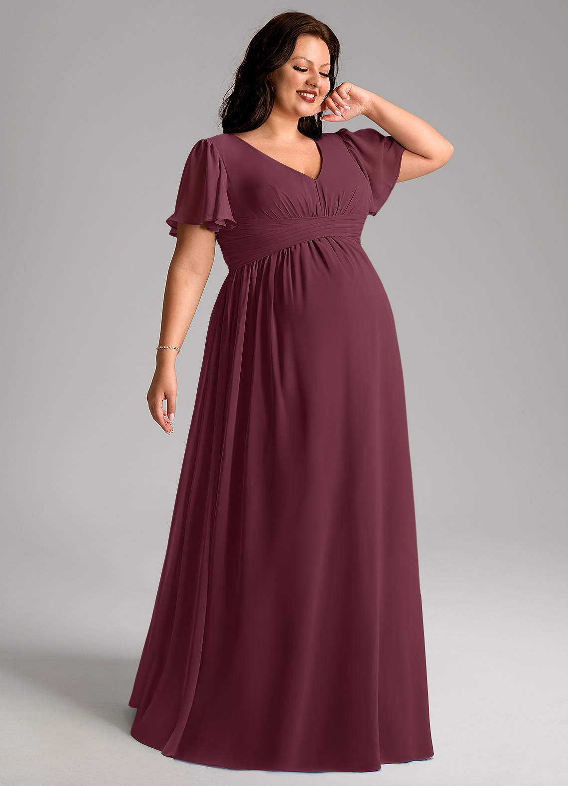 Azazie Verna Maternity Bridesmaid Dresses A-Line V-Neck Ruched Chiffon Floor-Length Dress image6
