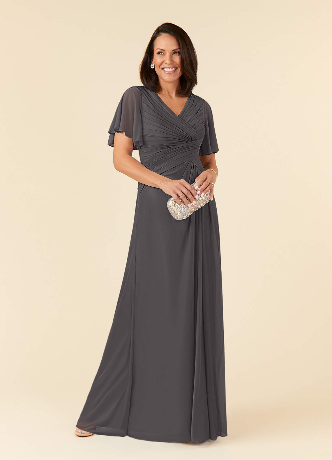 Azazie Emmeline Mother of the Bride Dresses Steel Grey A-Line V-Neck Pleated Mesh Dress image1