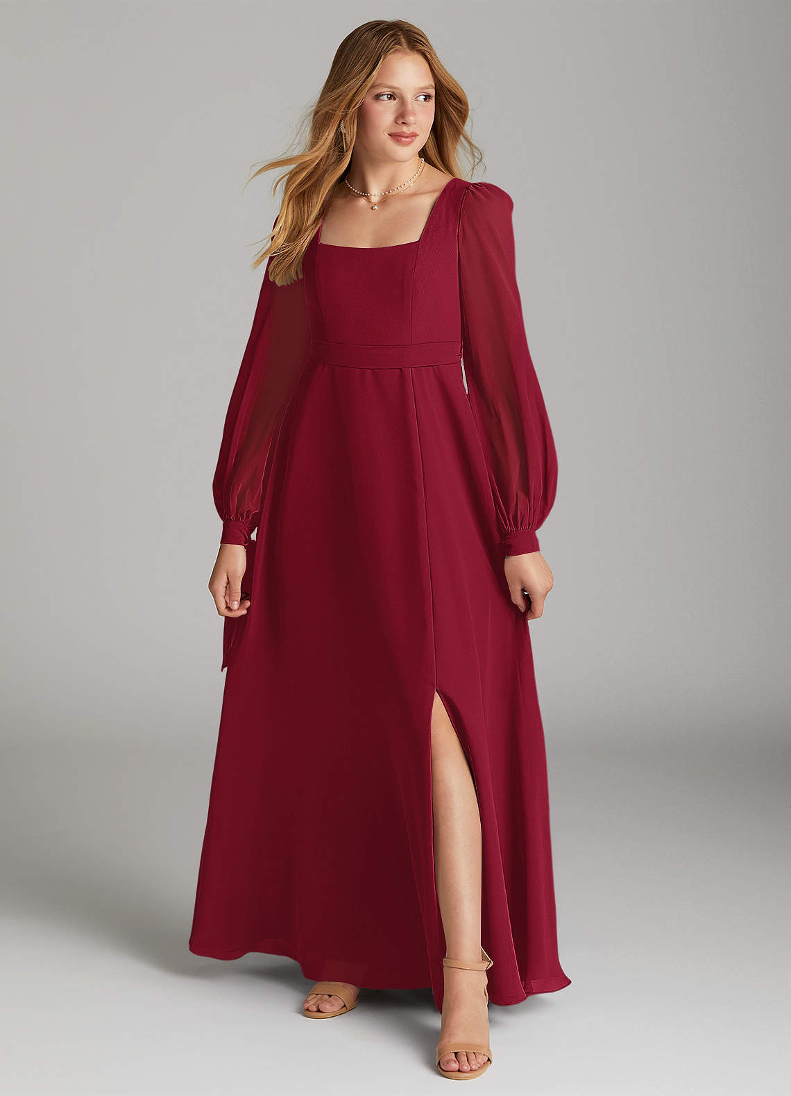 Azazie Leonia Junior Burgundy A-Line with Pockets Chiffon Dress image1