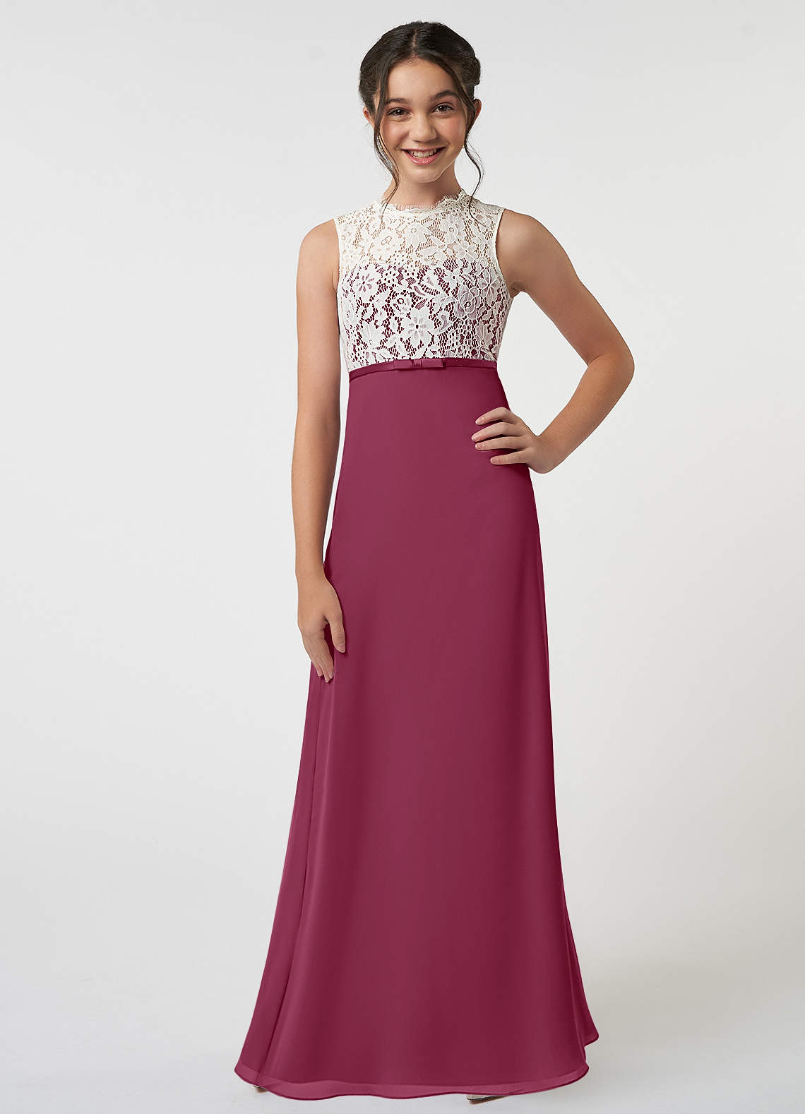 Azazie Rana Junior A-Linie Spitze Chiffon Kleid Maulbeerrot image1