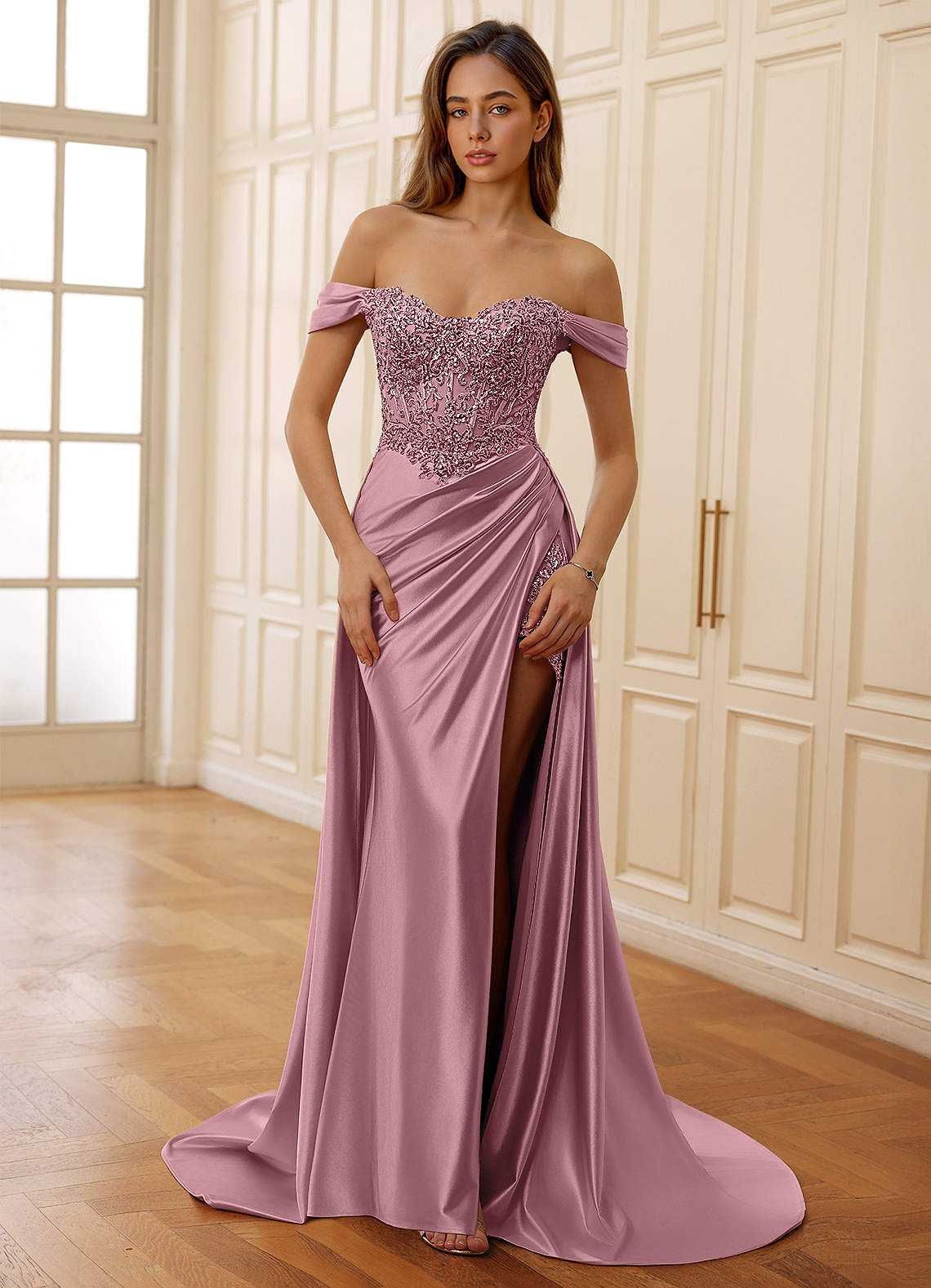 Azazie Dusty Pink Corset Beading Off The Shoulder Formal Dress