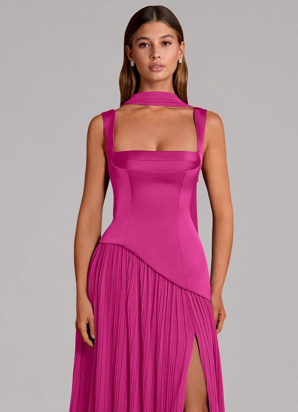 Azazie Stephanie Vestidos de damas de honor Vestido de Fucsia de Satén Elástico de Corte en A con Plisado image5