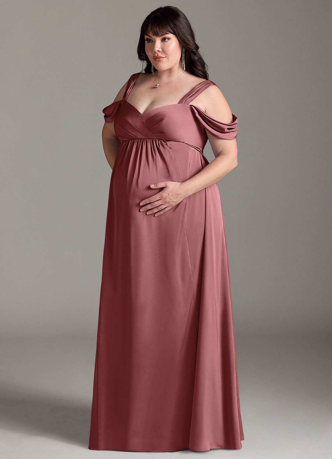 Azazie Rhea At-home Try On Dresses A-Line Off-The-Shouler Pleated Stretch Satin Floor-Length Dress image10