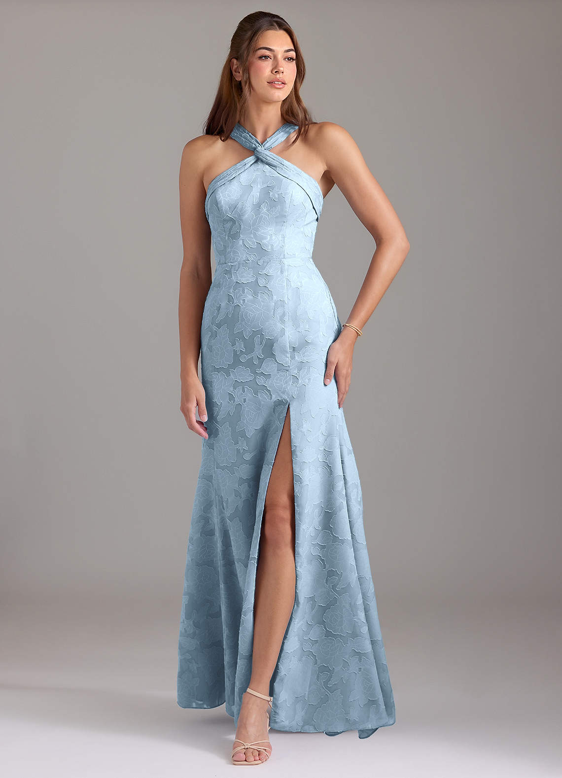 Azazie Rue Bridesmaid Dresses Sky Blue A-Line Pleated Floral Burnout Dress image1