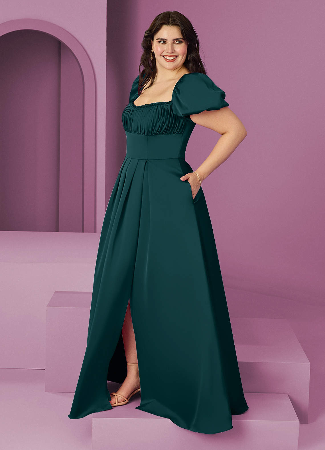 Barbie ♥ Azazie Robes de demoiselle d'honneur Robe Trapèze en Satin extensible Rayé Vert Pin image8