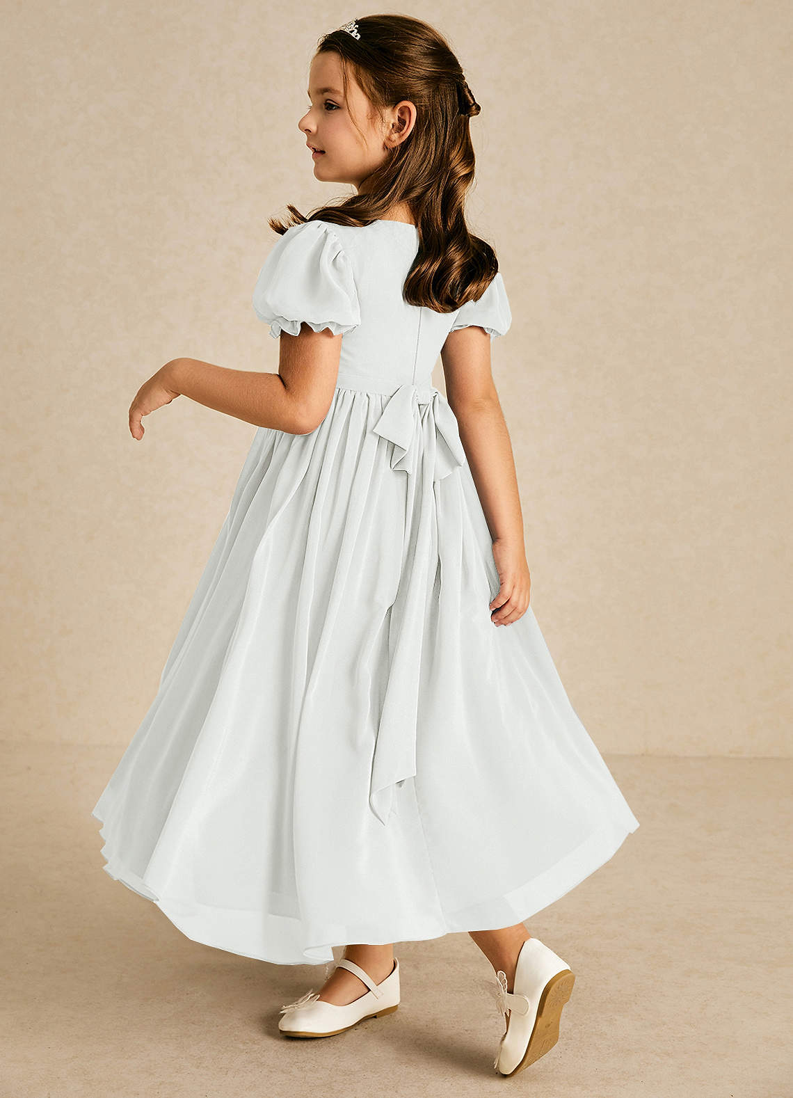 Azazie Joss Flower Girl Dresses Diamond White A-Line with Sleeves Chiffon Dress image1