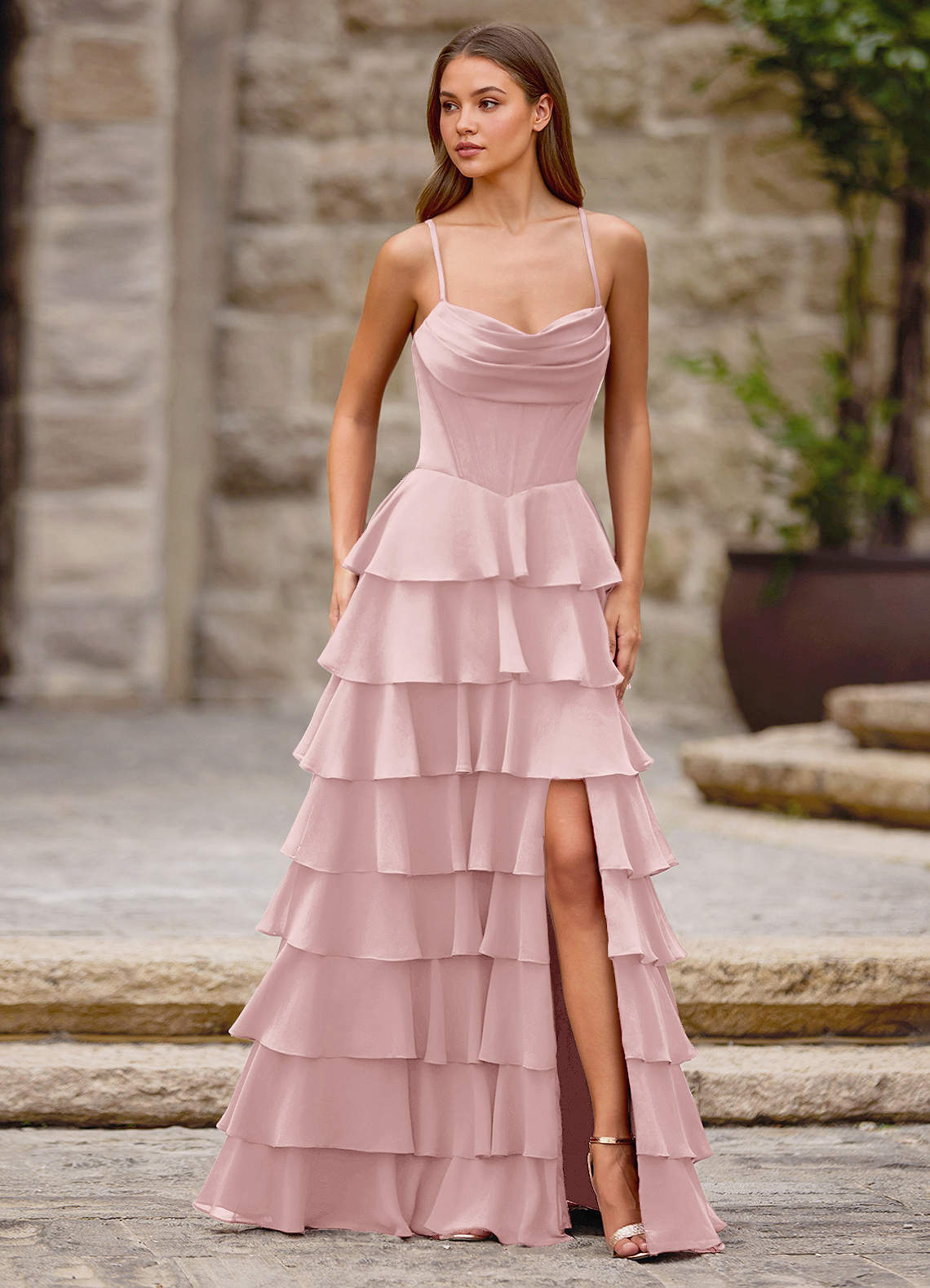 Rhythm Powder Pink Ruffled A-line Prom Dress Prom and Homecoming Dresses |  Azazie DE