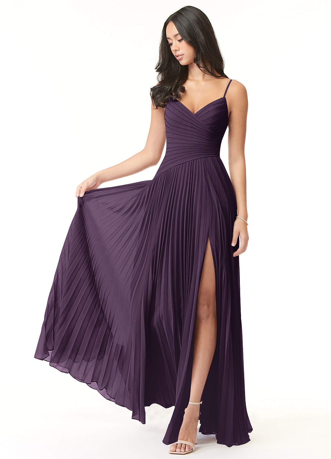 Azazie Vini Brautjungfernkleider A-Linie V-Hals Gefaltet Chiffon Kleid Pflaume image1