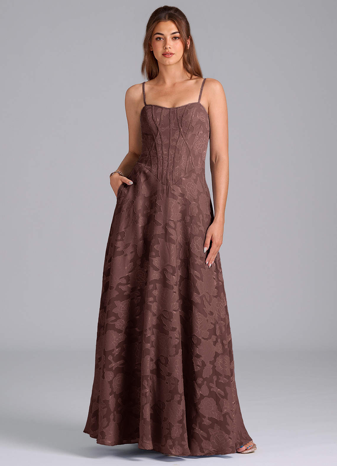 Azazie Stasy Bridesmaid Dresses Espresso A-Line Sweetheart Neckline Floral Burnout Dress image1