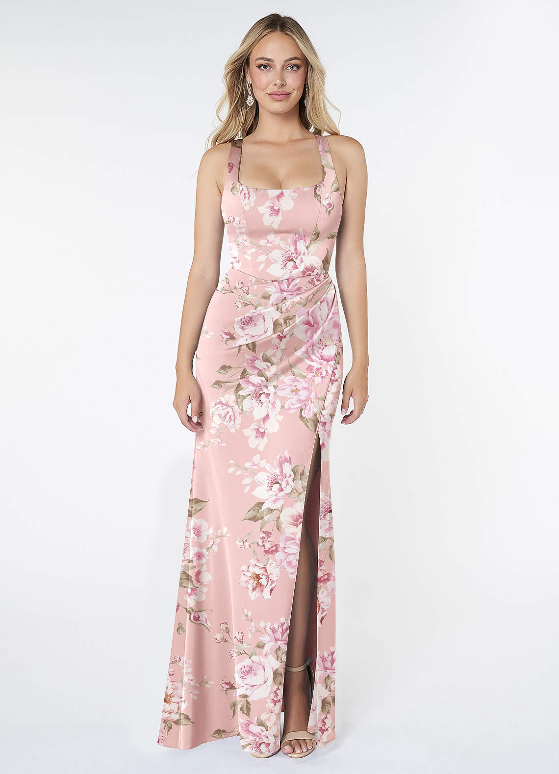 Azazie Mero Bridesmaid Dresses Rosy Floral Bloom Mermaid Pleated Stretch Satin Dress image1