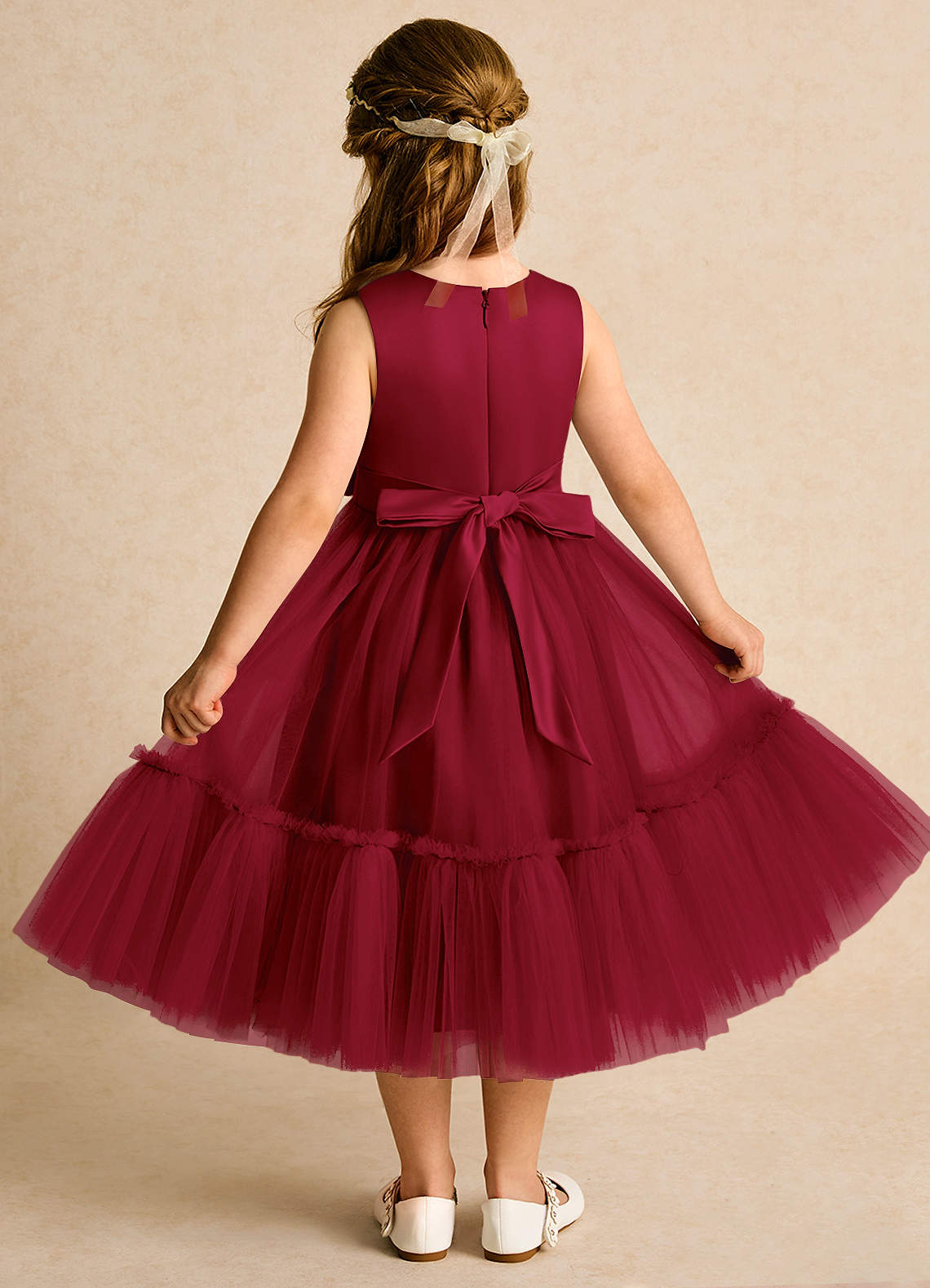 Azazie Miracle Flower Girl Dresses Burgundy A-Line Bow Matte Satin Dress image1