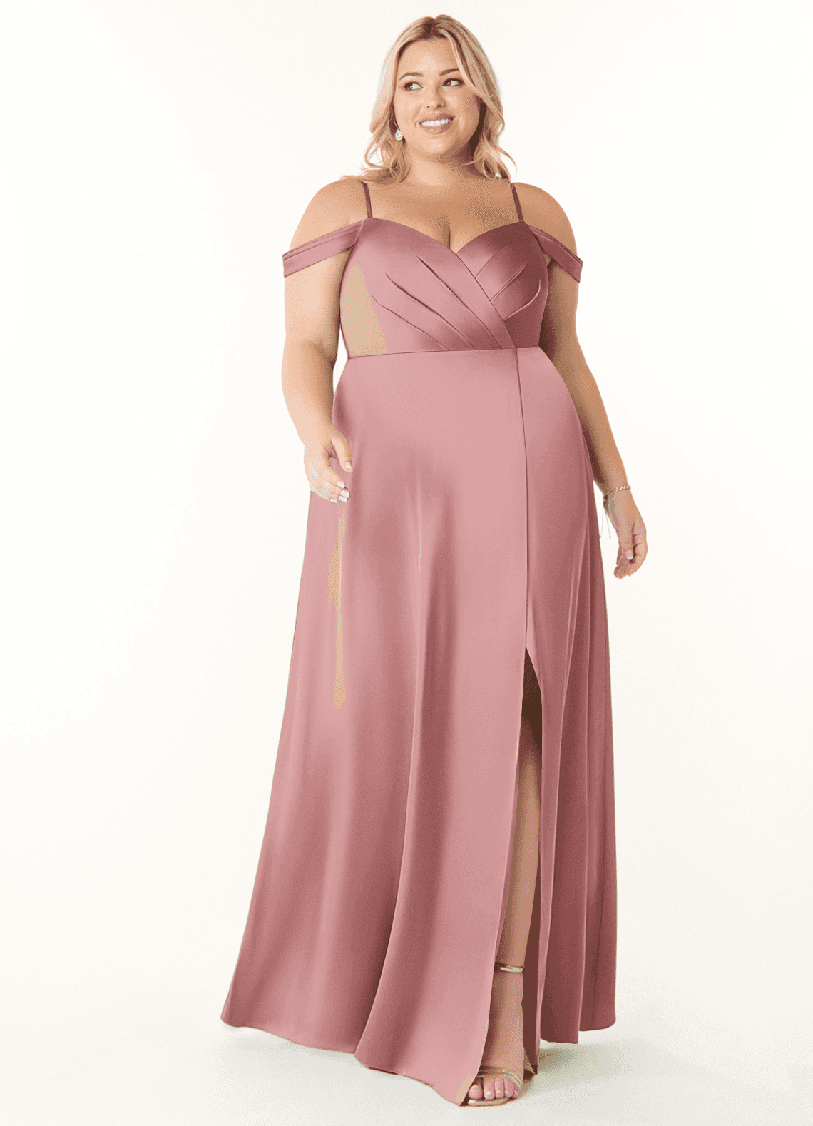 Azazie Ocean Bridesmaid Dresses Dusty Rose A-Line V-Neck Pleated Stretch Satin Dress image1