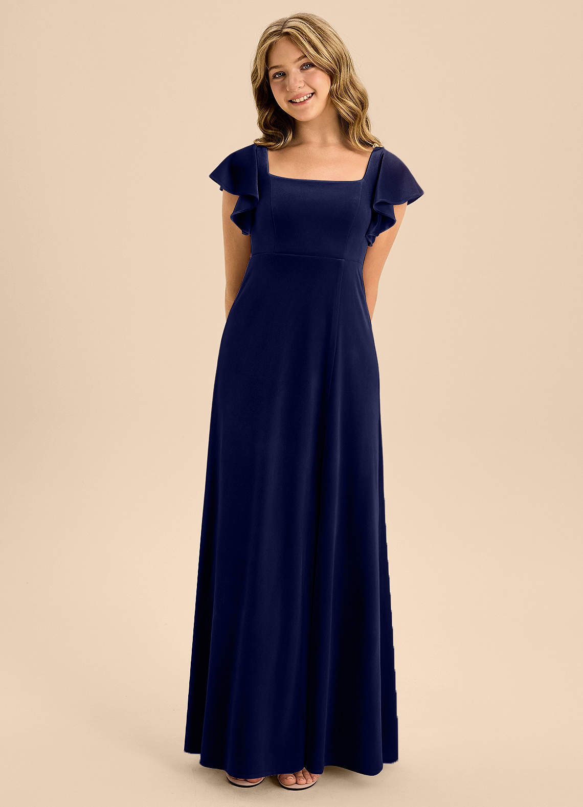 Azazie Bondi Junior Dark Navy A-Line Bow Velvet Dress image1