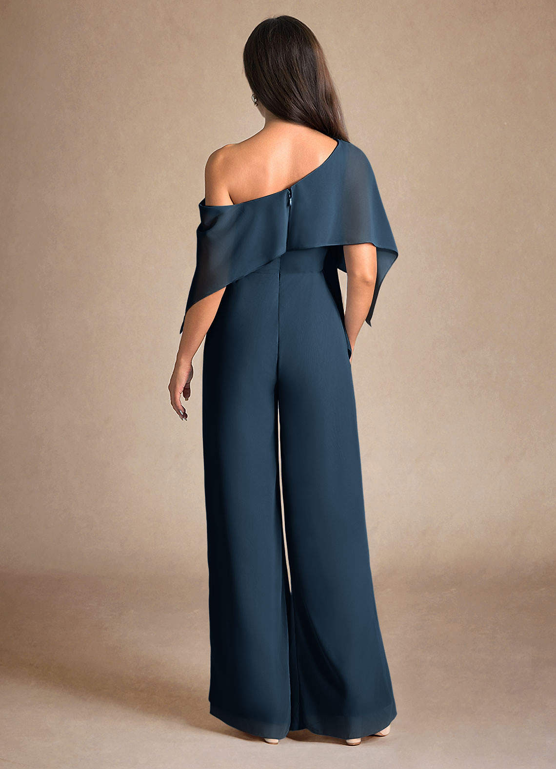 Azazie Halima Dark Navy Jumpsuit/Pantsuit Side Slit Chiffon Dress