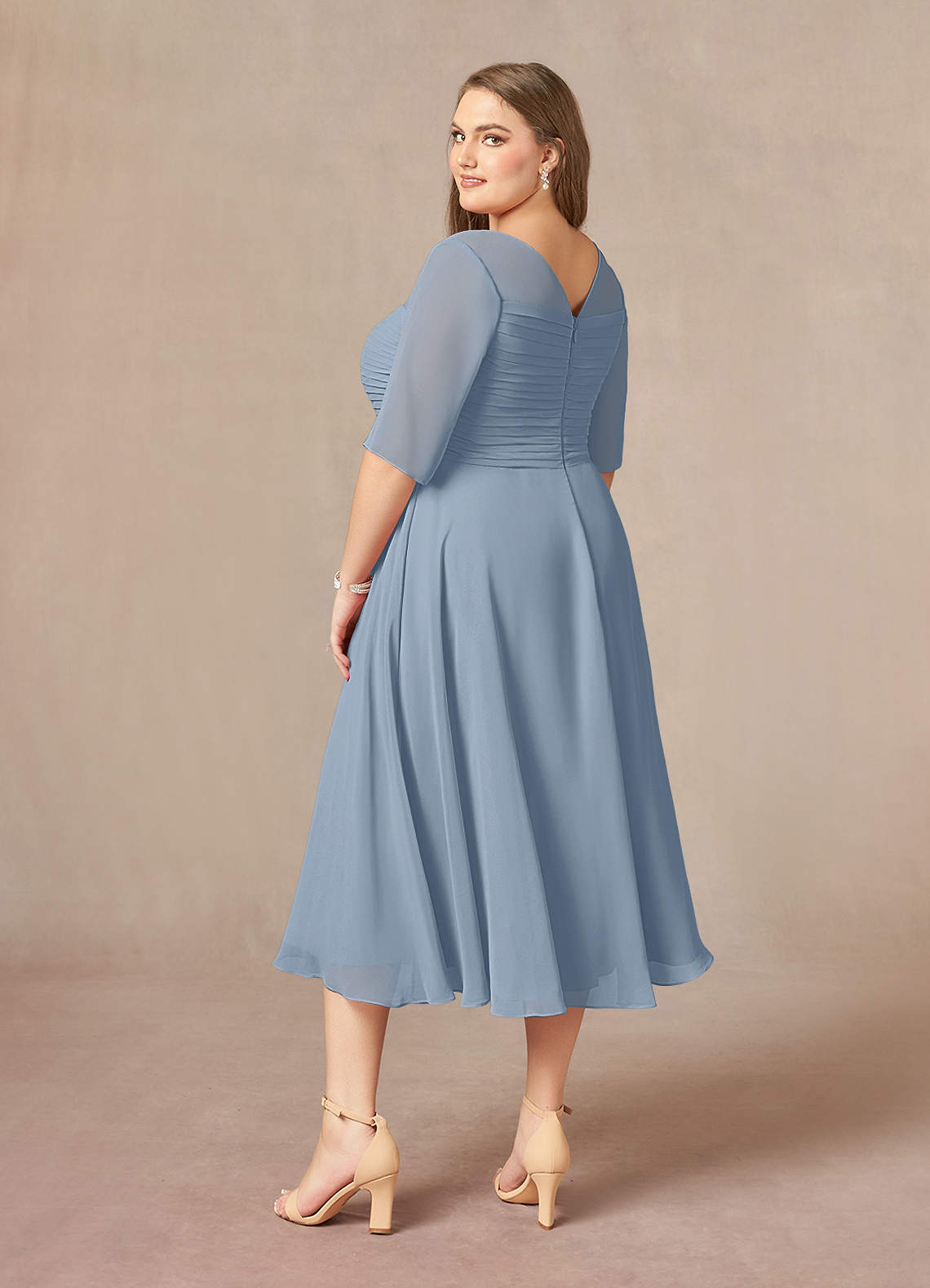 Azazie Naomi Mother of the Bride Dresses Dusty Blue A-Line Boatneck Pleated Chiffon Dress image12