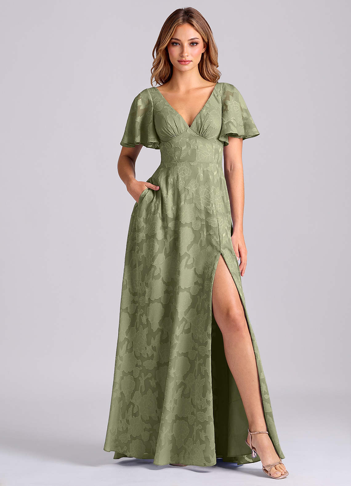 Azazie A-Line V-Neck Floor-Length Floral Burnout Bridesmaid Dresses - Pistachio