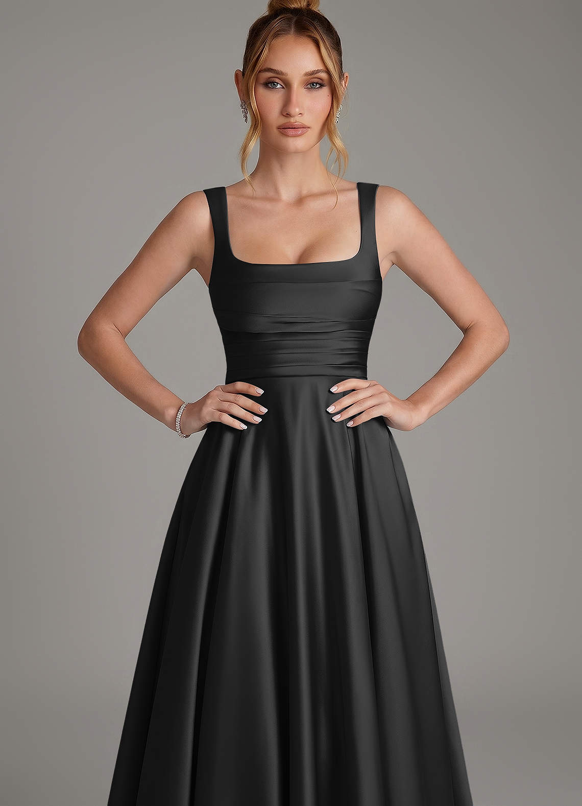 Azazie Azaria At-home Try On Dresses Black A-Line Corset Stretch Satin Dress image5