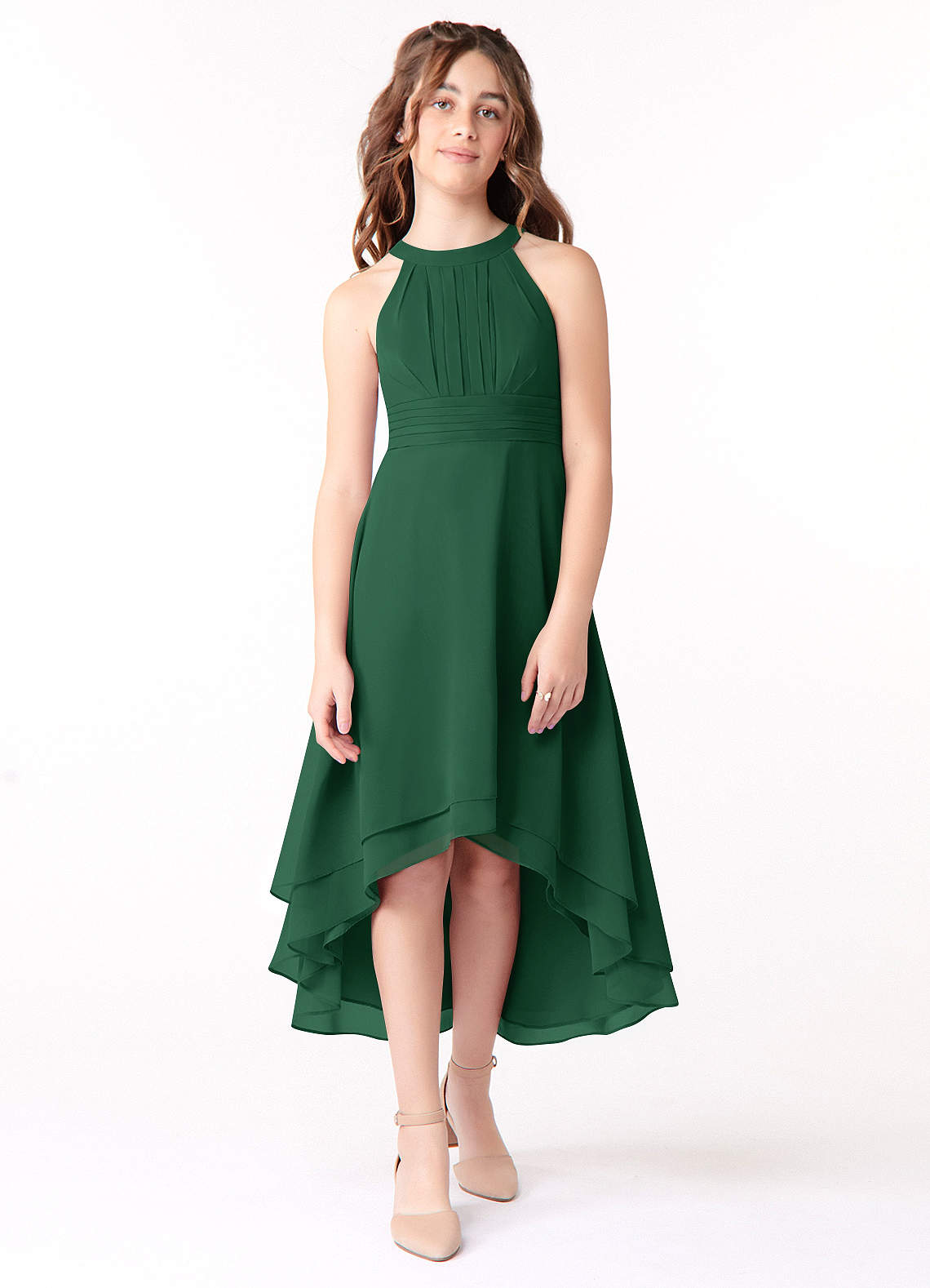 Azazie Linna Junior Vestido de Verde Oscuro de Gasa de Corte En A con Plisado image1