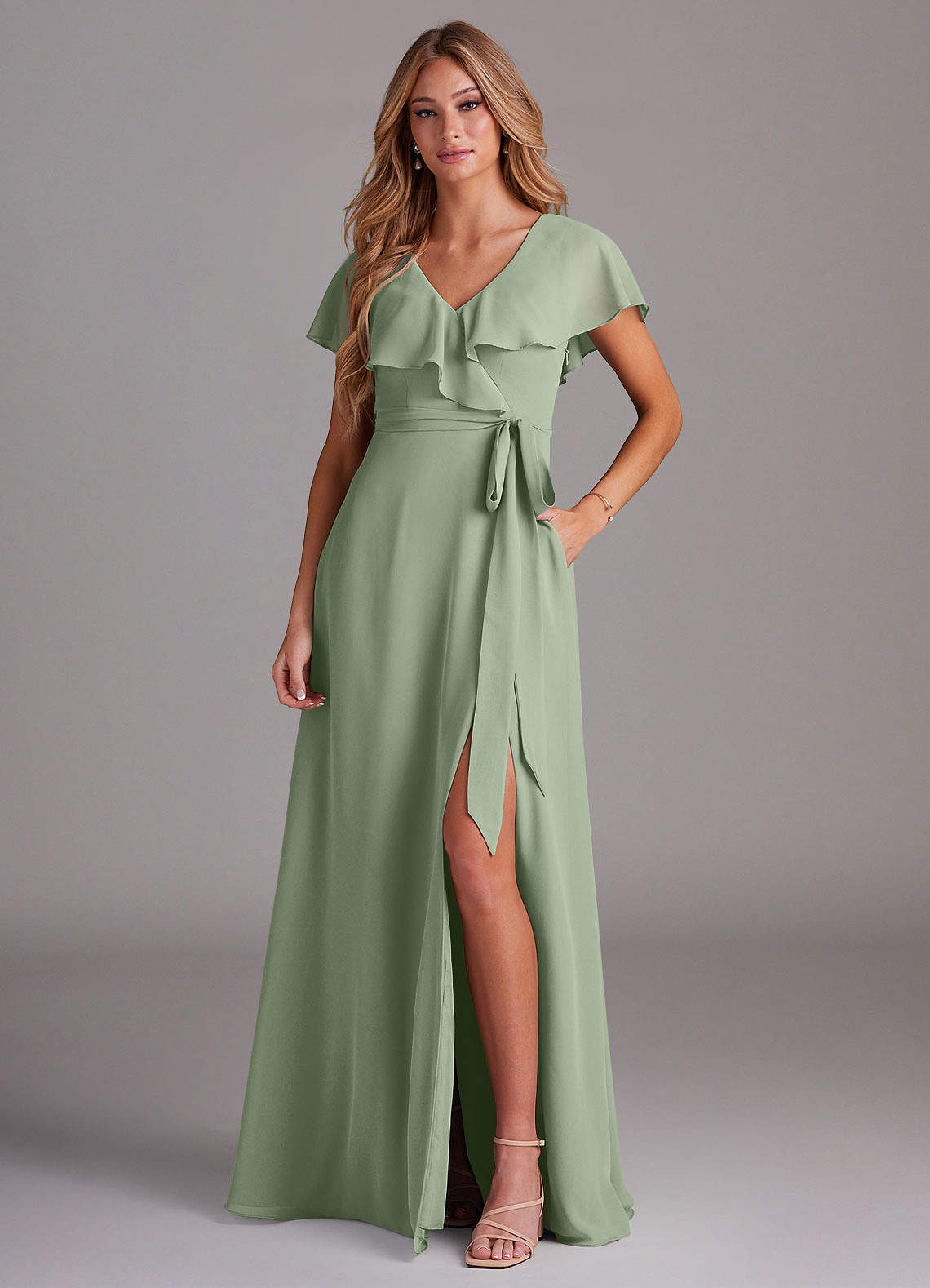 Azazie Lainey Bridesmaid Dresses Dusty Sage A-Line with Pockets Chiffon Dress image1