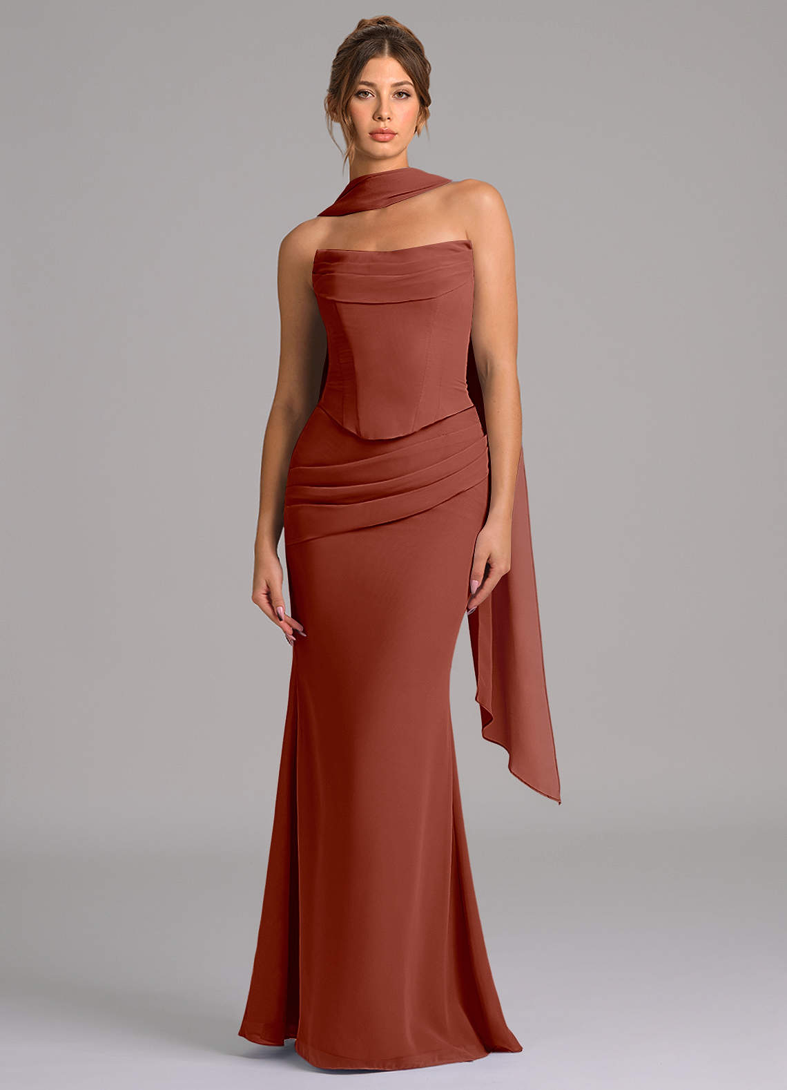 Azazie Sorrel Vestidos de madrinha de casamento Vestido Castanho Aloirado de Chiffon de sereia com Espartilho image3
