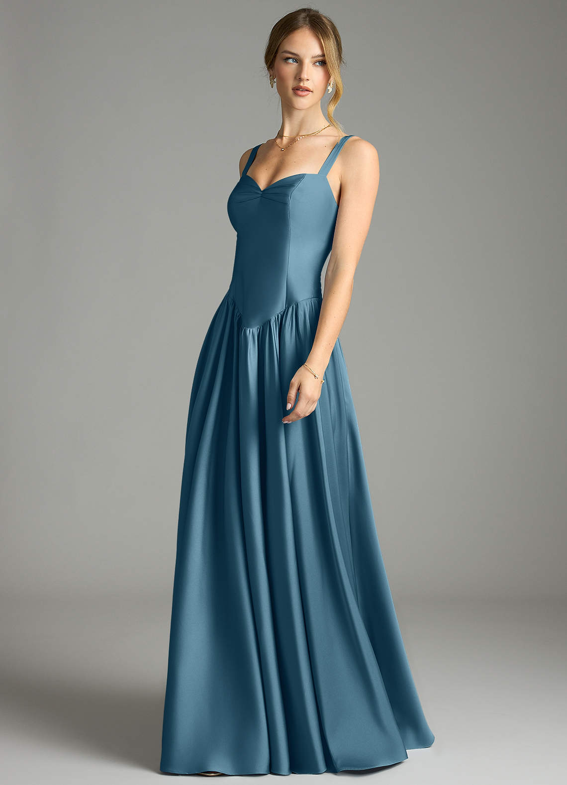 Azazie Evadina Suknie dla druhen Linia A Gorset Satyna elastyczna Do ziemi Sukienka image2