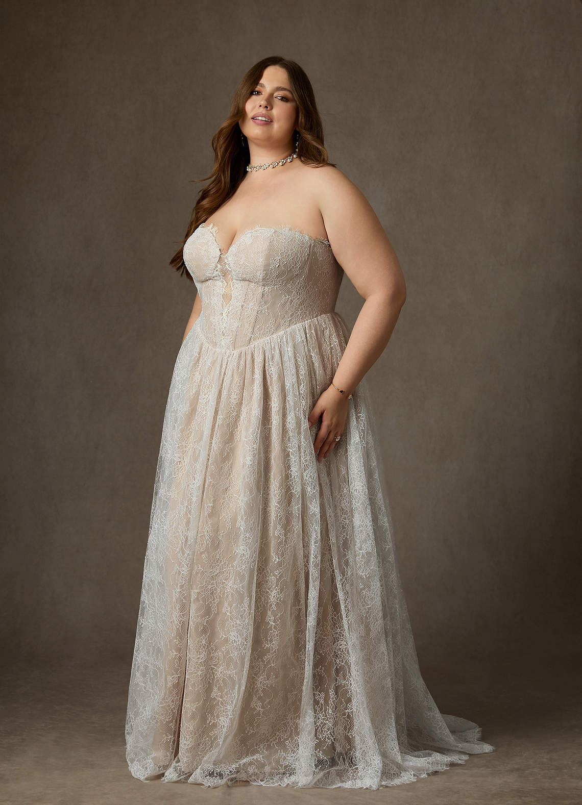 Azazie Lorena Diamond White Champagne A-Line Strapless Lace Dress