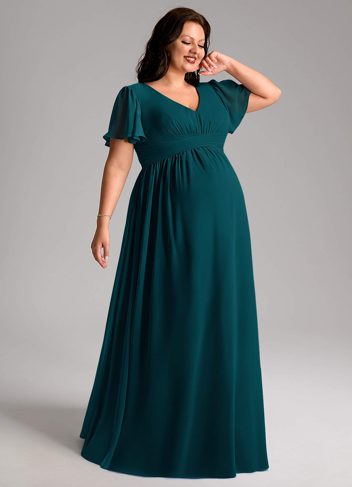 Azazie Verna Maternity Bridesmaid Dresses A-Line V-Neck Ruched Chiffon Floor-Length Dress image1