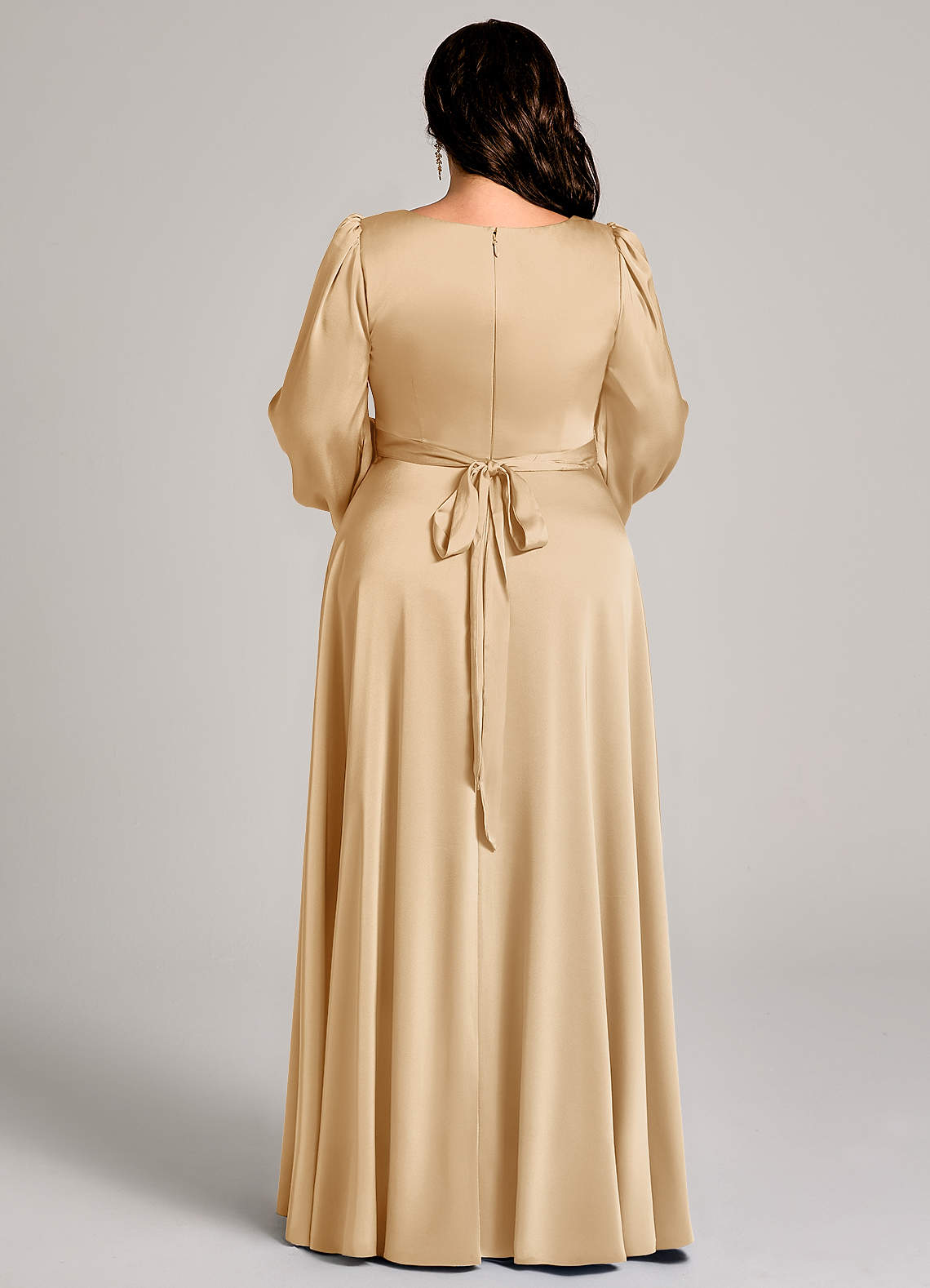 white long sleeve glitter dress Azazie Mel Ready to Ship Cabernet Stretch Satin Bridesmaid Dresses