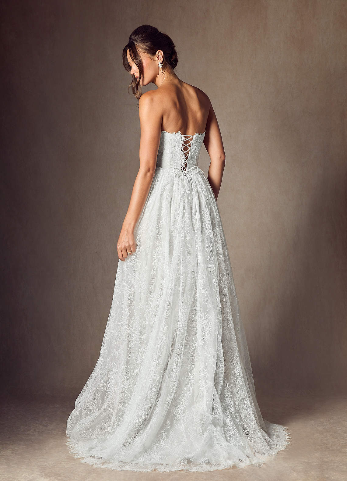 Azazie Lorena Wedding Dresses Diamond White A-Line Strapless Lace Dress image2