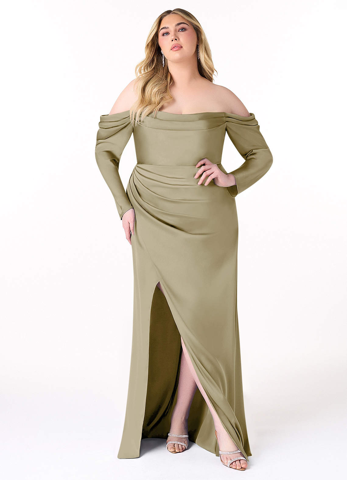 Azazie Hallie Bridesmaid Dresses Moss Green Sheath Off-The-Shoulder Long Sleeve Stretch Satin Convertible Dress image1