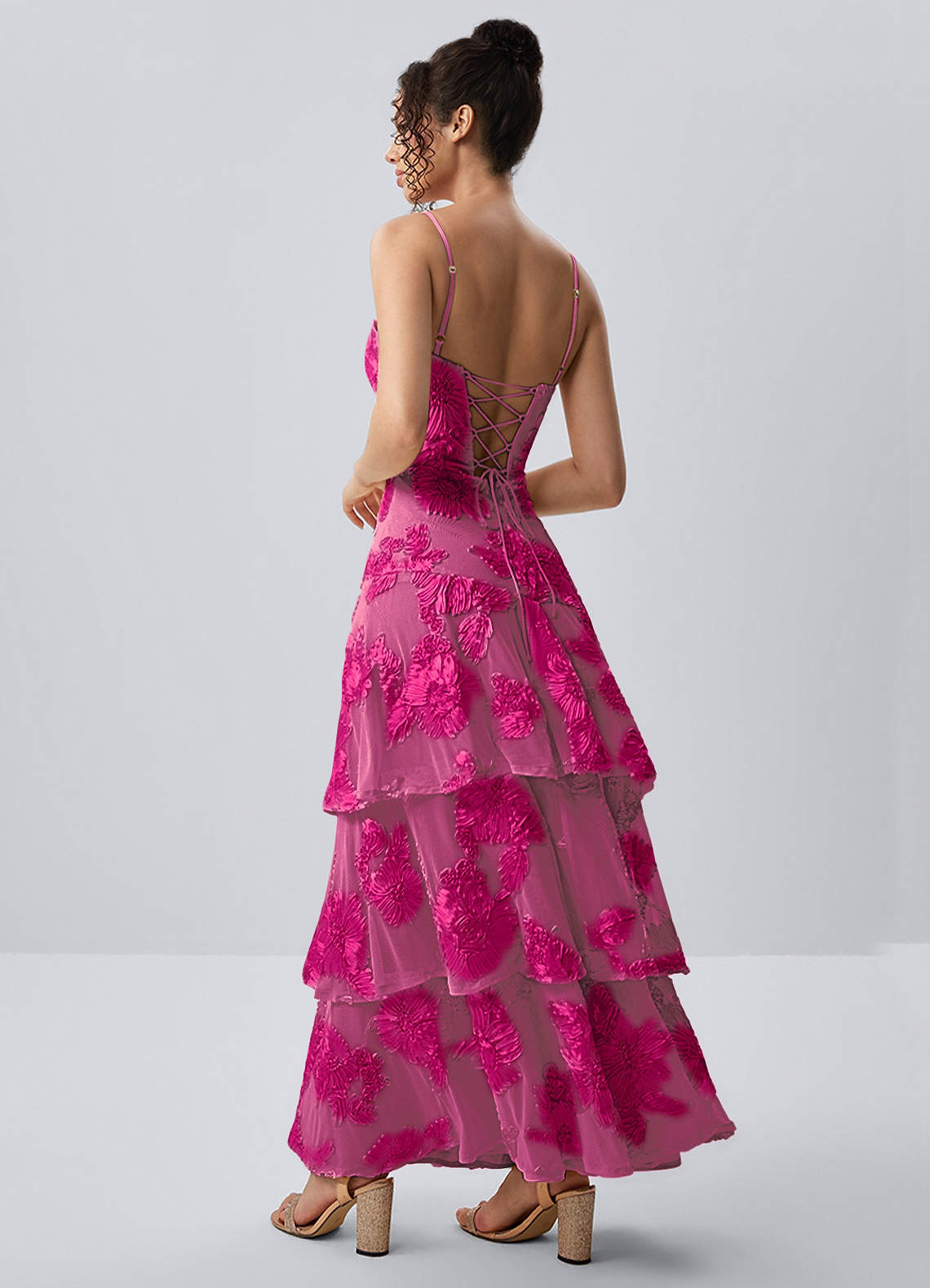 Araceli Fuchsia Stretch 3D Flowers Lace Maxi Dress | Azazie